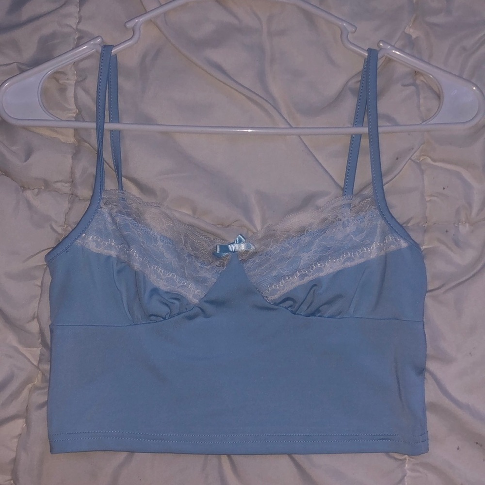Light Blue Silky Top With Lace Trim